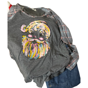 Est. 1946 Gray Pink Plaid Sleeves and‎ Trim Upcycled with Santa Transfer Large